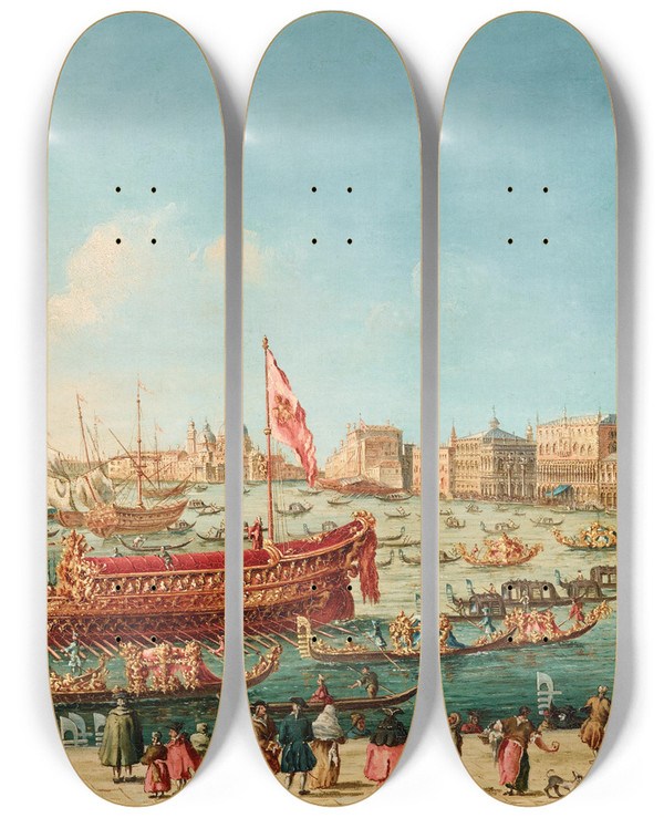Triptych art skateboard deck of Giovanni Grubacs The Doge On The Bucintoro Near The Riva Di Santelena Venice by Giovanni Grubacs (1829-1919)
