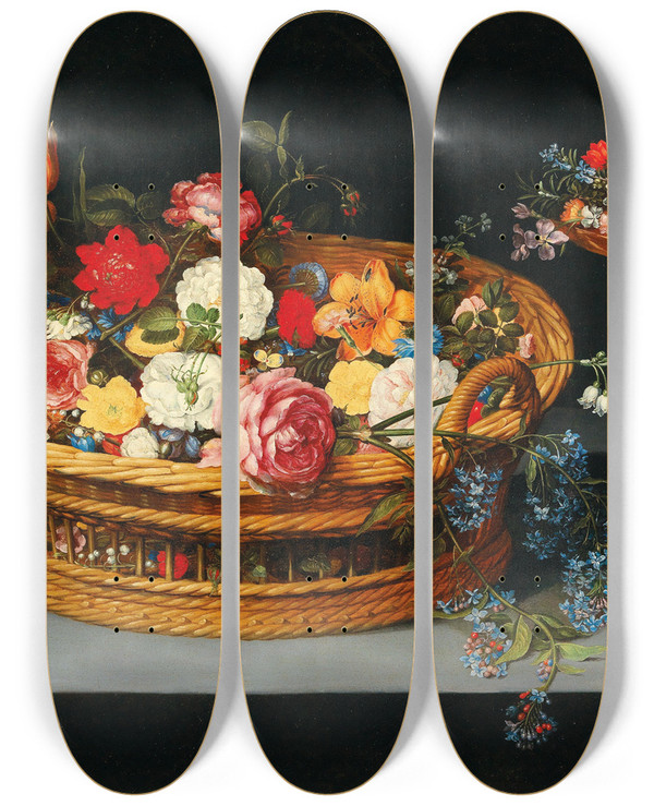 Triptych art skateboard deck of Jan Brueghel The Younger Mixed Flowers In A Basket With A Tazza Nearby by Jan Brueghel the Younger (1601-1678)