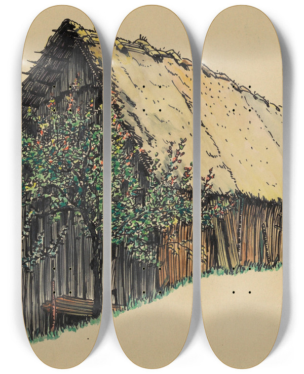 Triptych art skateboard deck of Karl Wiener Ohne Titel Holzscheune by Karl Wiener (1901-1949)