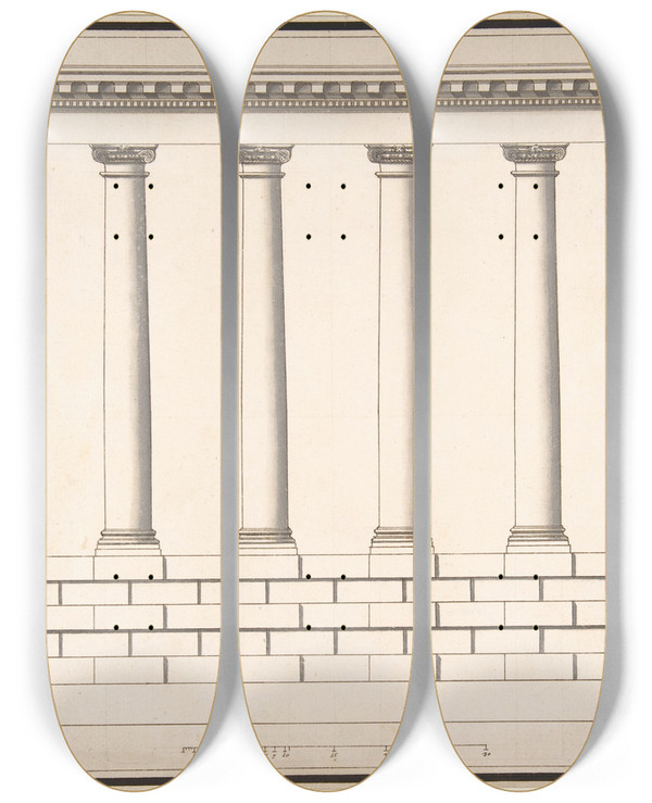 Triptych art skateboard deck of Antonio Maria Visentini Ionic Colonnade 6 Columns On Rusticated Base by Antonio Maria Visentini (1688-1782)