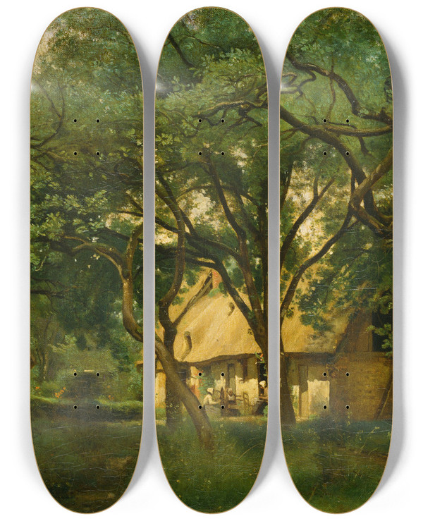 Triptych art skateboard deck of Jeanbaptistecamille Corot The Toutain Farm At Honfleur by Jean-Baptiste-Camille Corot (1796-1875)