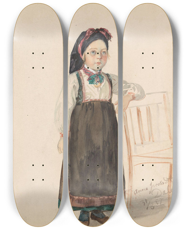 Triptych art skateboard deck of Adolph Tidemand Kvinne Med Tulleplagg Anne Jacobsdatter Dalen by Adolph Tidemand (1814-1876)