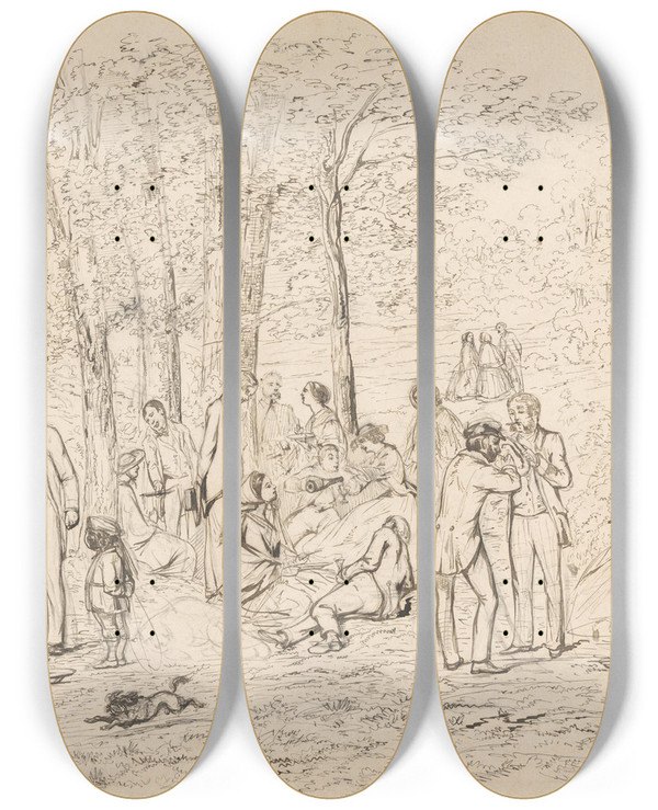 Triptych art skateboard deck of August Alleb Picknick In Het Bos by August Allebe (1838-1927)