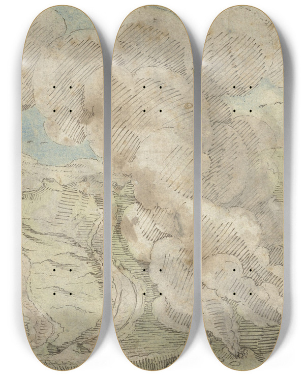 Triptych art skateboard deck of Gerard Ter Borch Gezicht Op De Solfatara Bij Pozzuoli Buiten Napels by Gerard Ter Borch (1617-1681)