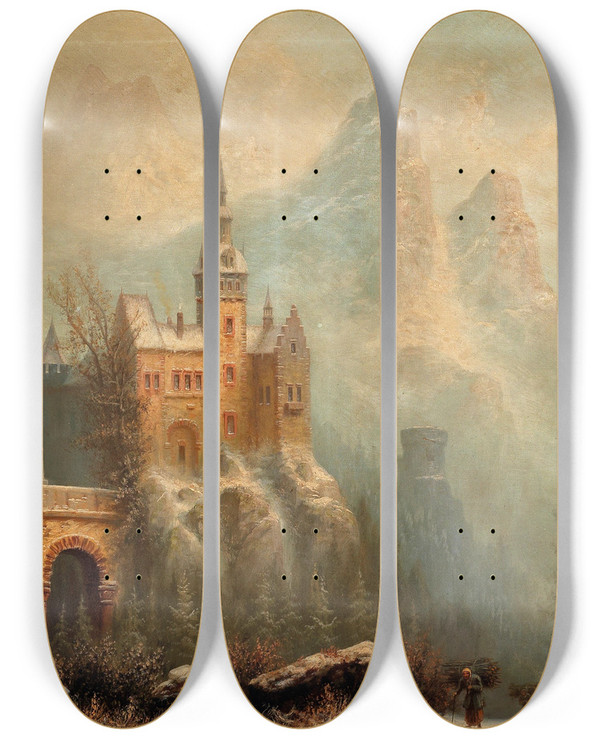 Triptych art skateboard deck of Albert Bredow Winterlandschaft Mit Schlossanlage Im Gebirge by Albert Bredow (1828-1899)