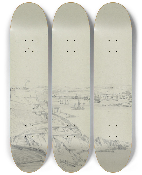 Triptych art skateboard deck of William Callow The Royal Citadel And Cattewater Plymouth by William Callow (1812-1908)