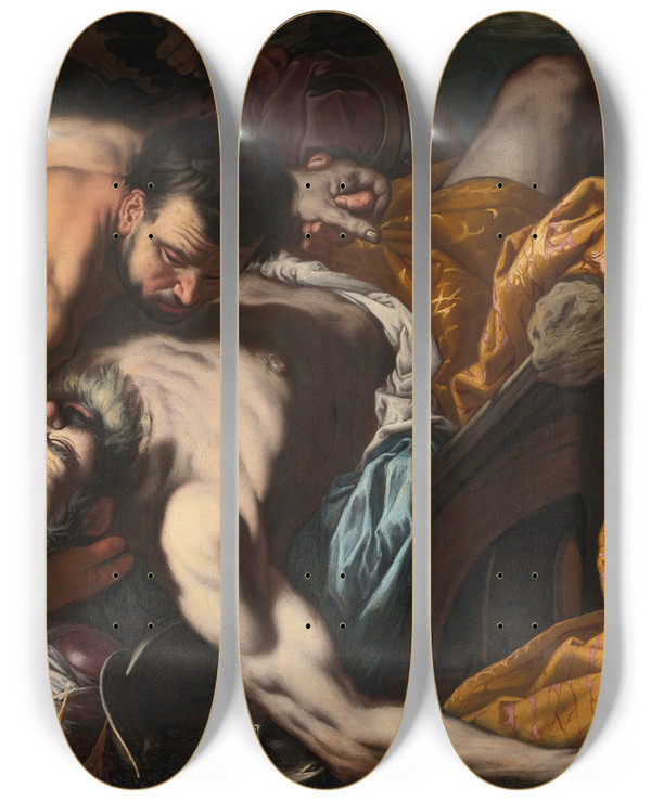 Triptych art skateboard deck of Antonio Zanchi The Death Of King Josiah by Antonio Zanchi (1631-1722)