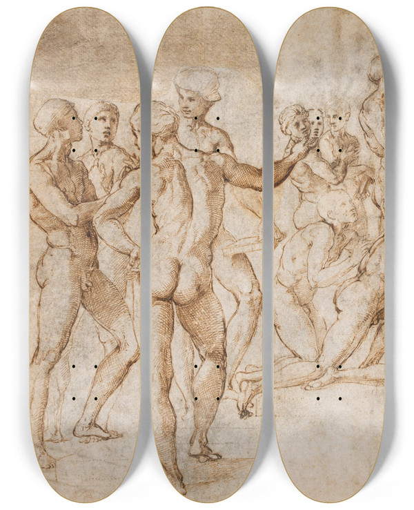 Triptych art skateboard deck of Raphael Study For The Lower Left Section Of The Disputa by Raphael (1483-1520)