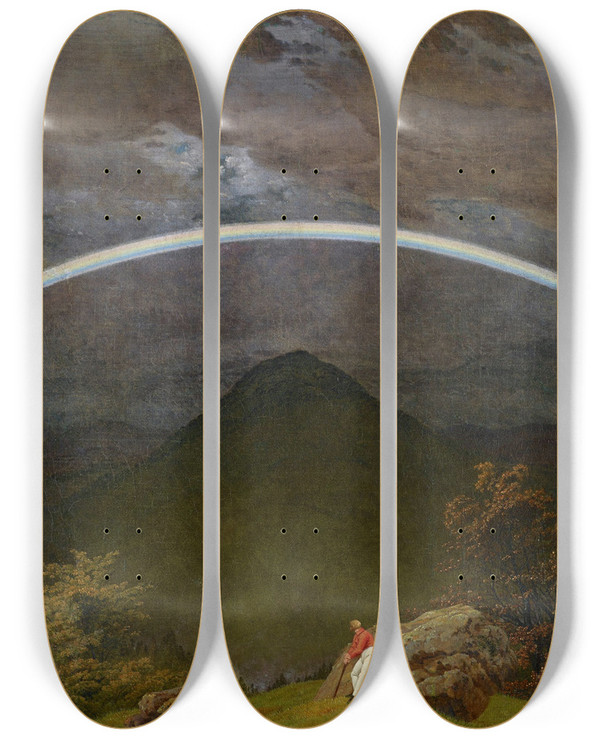 Triptych art skateboard deck of Caspar David Friedrich Mountain Landscape With Rainbow by Caspar David Friedrich (1774-1840)
