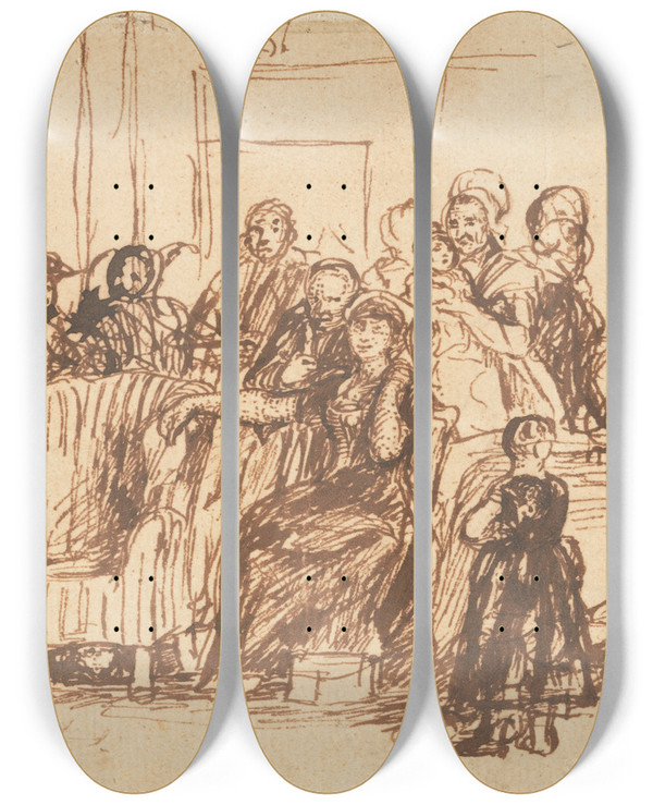 Triptych art skateboard deck of Sir David Wilkie Sketch For Reading The Will by Sir David Wilkie (1785-1841)