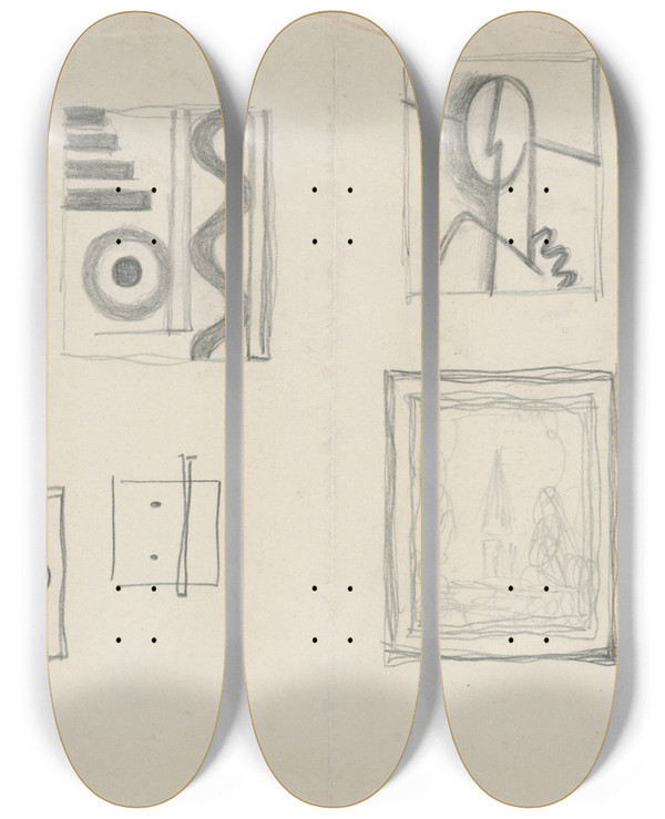 Triptych art skateboard deck of Mikul Galanda Small Studies by Mikulas Galanda (1895-1938)