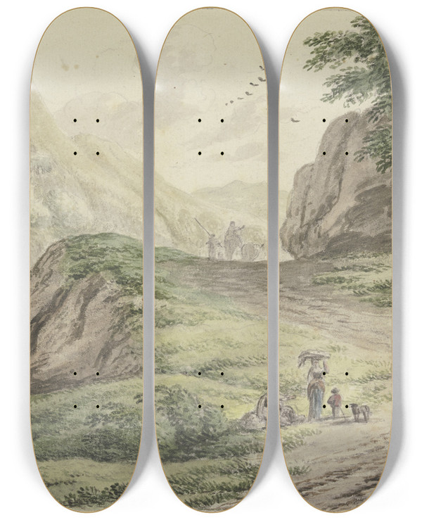 Triptych art skateboard deck of Jan Vermeer Van Haarlem The Elder Gebirgspfad Mit Staffage by Jan Vermeer van Haarlem the Elder (1628-1691)