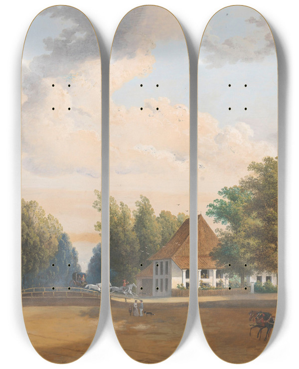Triptych art skateboard deck of Charles William Meredith Van De Velde Gezicht Te Rijswijk Batavia by Charles William Meredith van de Velde (1818-1898)