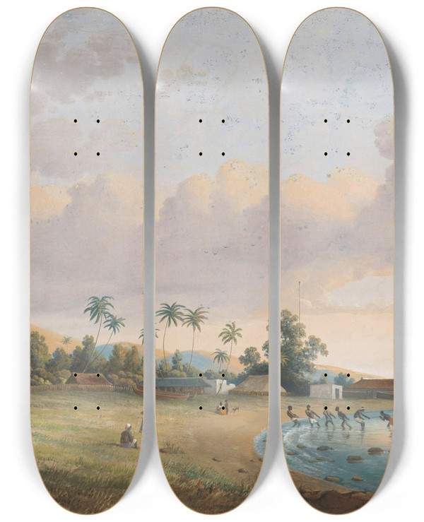 Triptych art skateboard deck of Charles William Meredith Van De Velde Gezicht Te Anjer Java by Charles William Meredith van de Velde (1818-1898)
