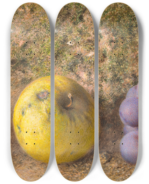 Triptych art skateboard deck of William Henry Hunt Apple Grapes And A Cobnut by William Henry Hunt (1790-1864)