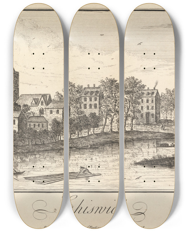 Triptych art skateboard deck of Thomas Preist Chiswick by Thomas Preist (1740-1750)
