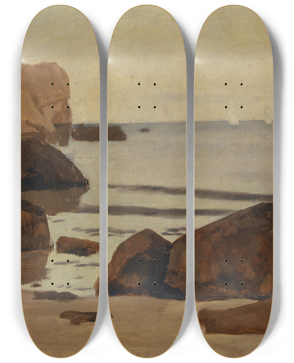 Triptych art skateboard deck of Hans Sandreuter Seashore by Hans Sandreuter (1850-1901)
