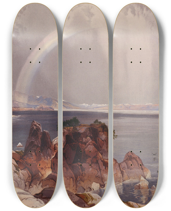 Triptych art skateboard deck of Thomas Moran Yellowstone Lake_2 by Thomas Moran (1837-1926)