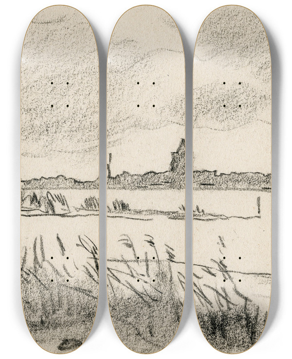 Triptych art skateboard deck of Adolf Le Comte Gezicht Op Dorp Aan Een Meer by Adolf Le Comte (1850-1921)
