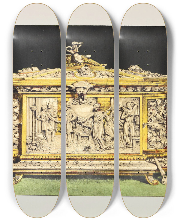Triptych art skateboard deck of John Charles Robinson Casket In Oxydised Silver by John Charles Robinson (1824-1913)