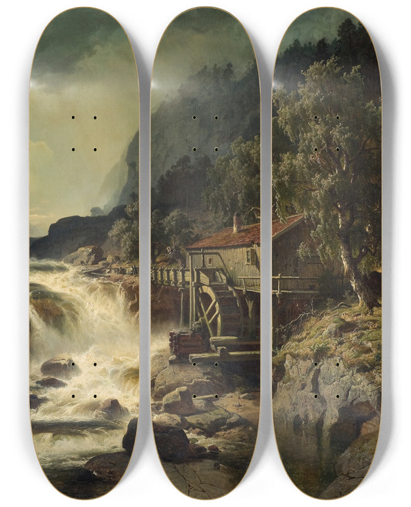 Triptych art skateboard deck of Edvard Bergh Rocky Landscape With Waterfall And Watermill Smland by Edvard Bergh (1828-1880)