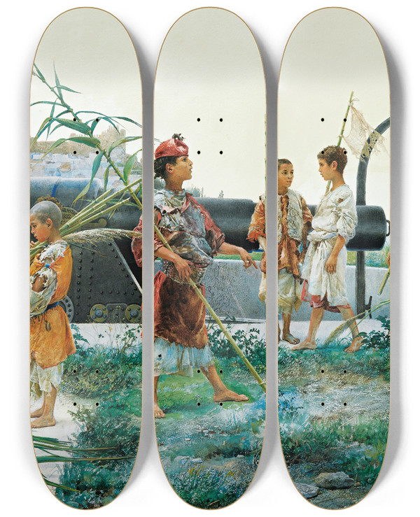 Triptych art skateboard deck of Josep Tapir Bar The Young Recruits by Josep Tapiro Baro (1836-1913)