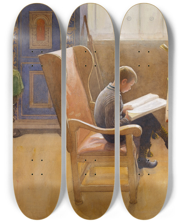 Triptych art skateboard deck of Carl Larsson Esbjrn At The Study Corner by Carl Larsson (1853-1919)
