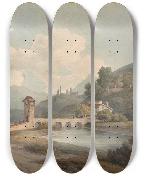 Triptych art skateboard deck of Francis Towne Modern Bridge At Narni by Francis Towne (1739-1816)