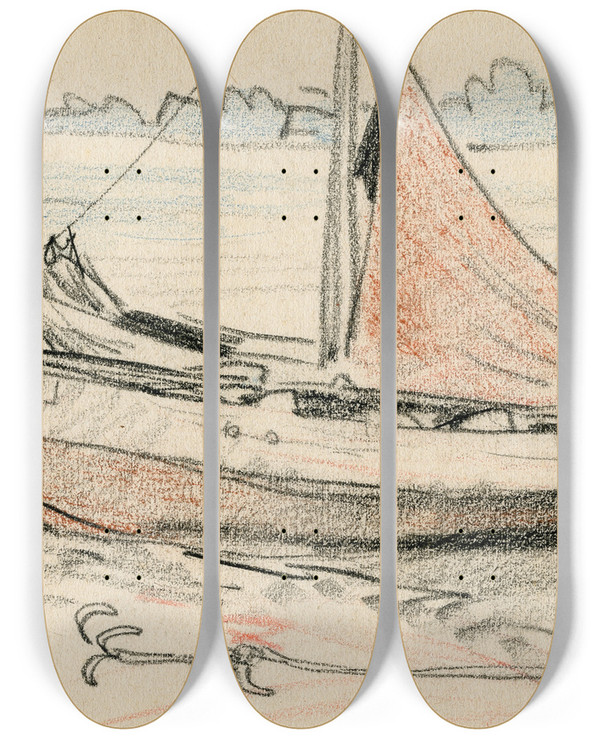 Triptych art skateboard deck of Adolf Le Comte Op De Oever Getrokken Schuit by Adolf Le Comte (1850-1921)