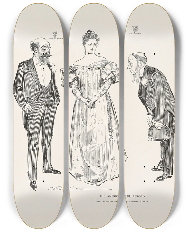 Triptych art skateboard deck of Charles Dana Gibson The American Girl Abroad Some Features Of The Matrimonial Market_1 by Charles Dana Gibson (1867-1944)