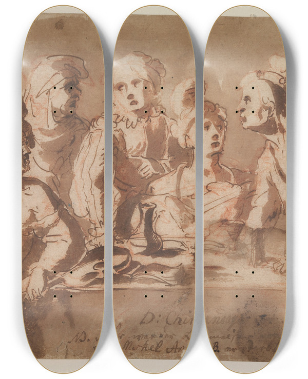 Triptych art skateboard deck of Antonio Carneo Musikere Samlet Omkring Et Bord by Antonio Carneo (1637-1692)