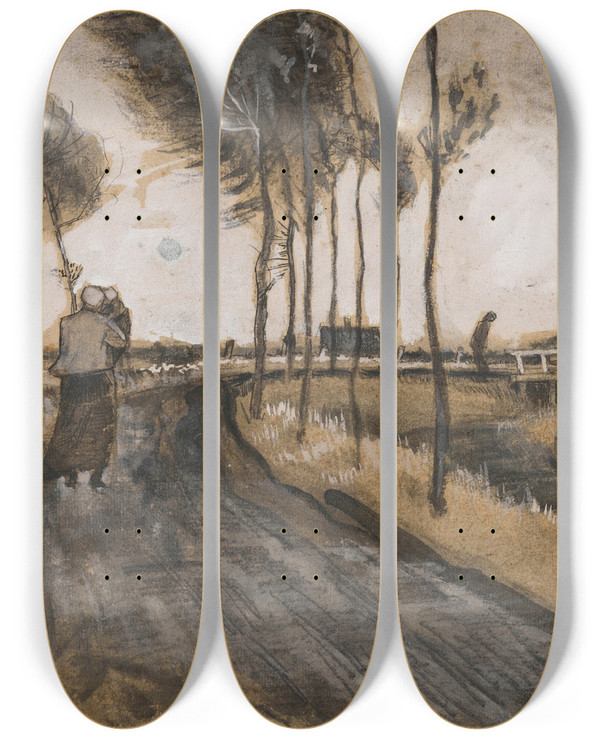 Triptych art skateboard deck of Vincent Van Gogh Landschap Met Lopende Vrouw by Vincent van Gogh (1853-1890)