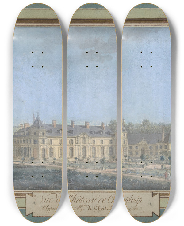 Triptych art skateboard deck of Alexisjoseph Prignon View Of A Chteau by Alexis Joseph Perignon (1806-1882)
