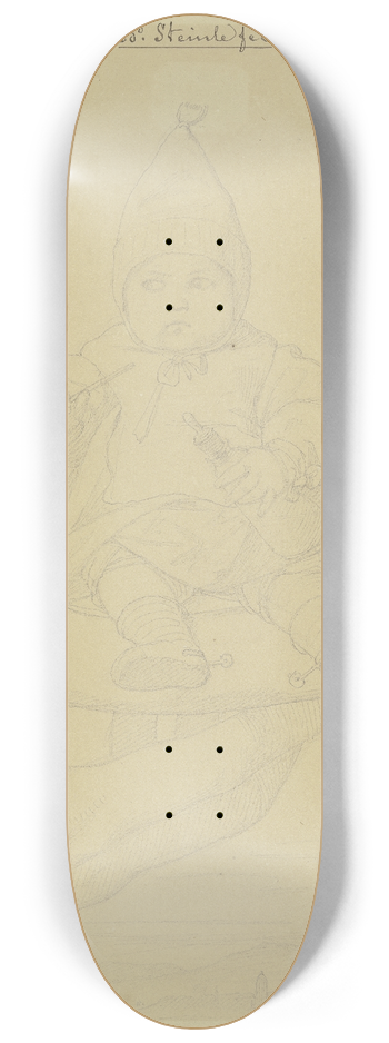 Eduard von Steinle - Die kleine Josephine Steinle auf einem Kissen sitzend mit Tabakspfeife, Milchflasche, Sporen und dem hollndischen Nachtmtzchen, von einer Hand ber Frankfurt am Main gehalten 8.25 inch art skate deck