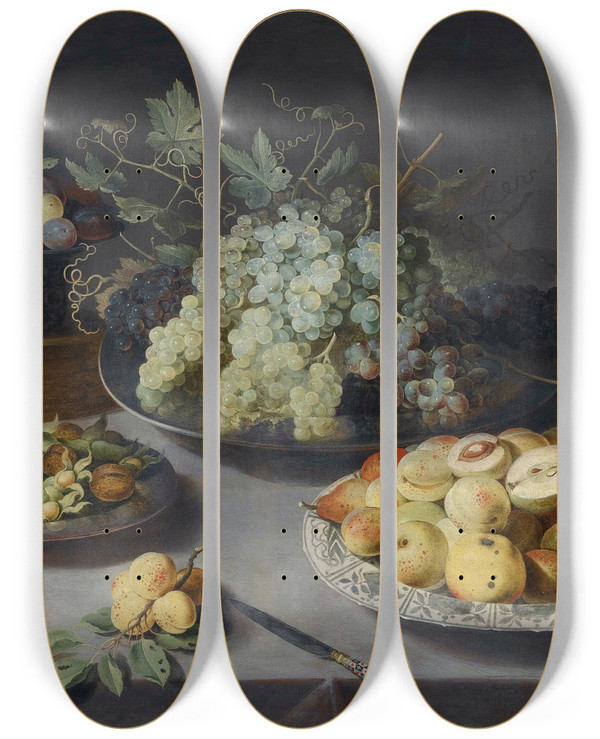 Triptych art skateboard deck of Osias Beert The Elder Still Life Of Grapes And Other Fruits With A Knife Faon De Venise Wineglasses And Other Objects On A Draped Table by Osias Beert The Elder (1580-1624)