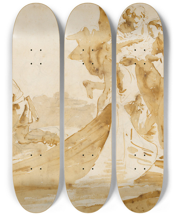 Triptych art skateboard deck of Giovanni Battista Tiepolo Flight Into Egypt_2 by Giovanni Battista Tiepolo (1696-1770)