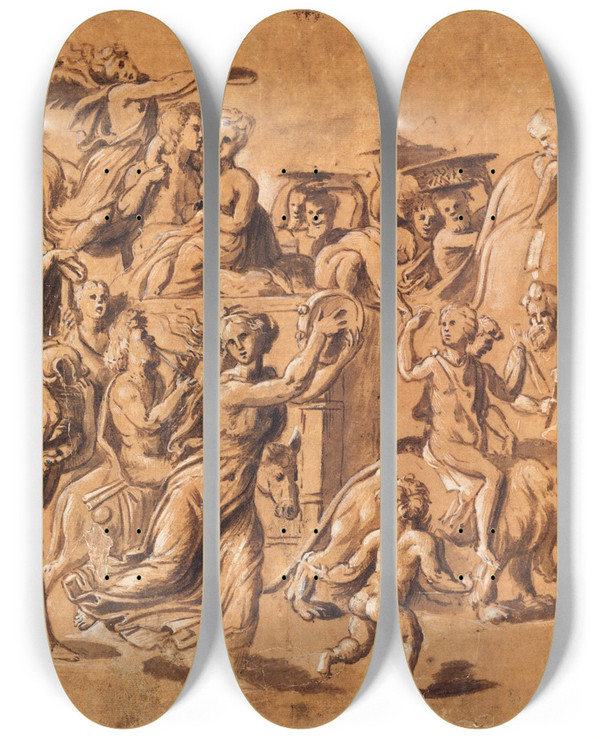 Triptych art skateboard deck of Rosso Fiorentino Bacchus Triumf_1 by Rosso Fiorentino (1494-1540)