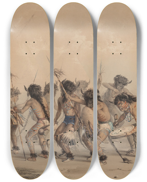 Triptych art skateboard deck of George Catlin Buffalo Dance_1 by George Catlin (1796-1872)