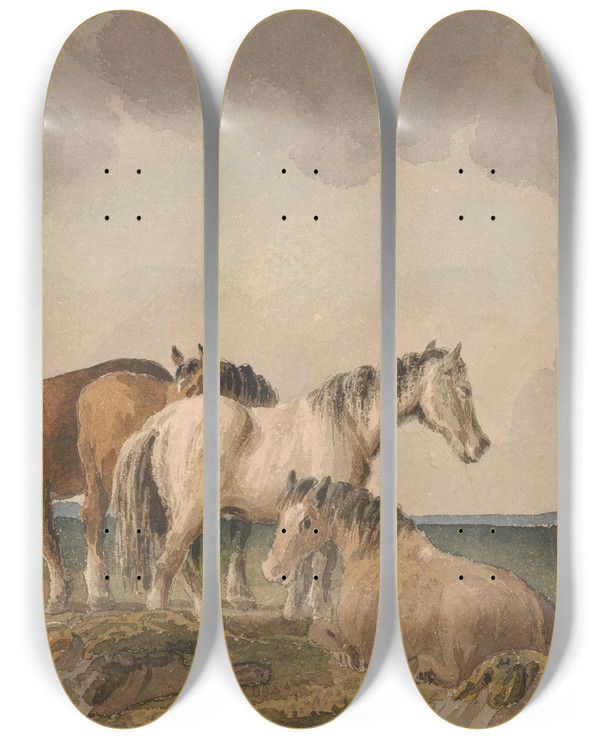 Triptych art skateboard deck of Thomas Creswick Four Ponies On A Welsh Moor by Thomas Creswick (1811-1869)