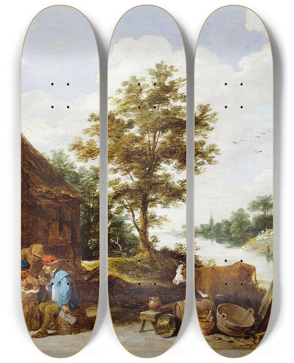 Triptych art skateboard deck of David Teniers The Younger A Riverside Inn by David Teniers The Younger (1610-1690)