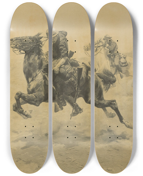 Triptych art skateboard deck of Charles Schreyvogel My Bunkie_2 by Charles Schreyvogel (1861-1912)