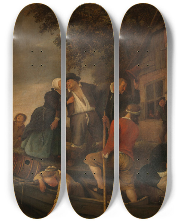 Triptych art skateboard deck of Jan Steen The Merry Homecoming_2 by Jan Steen (1626-1679)