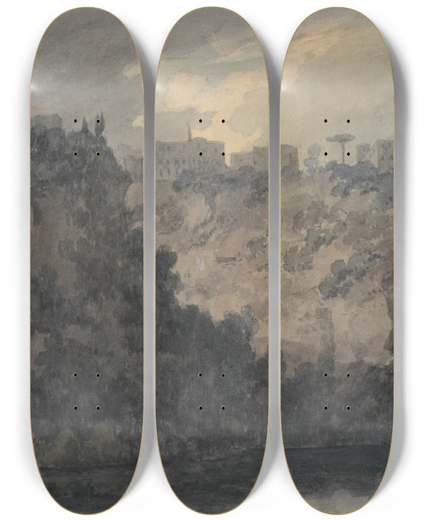 Triptych art skateboard deck of John Robert Cozens On The Lake Of Nemi by John Robert Cozens (1752-1797)