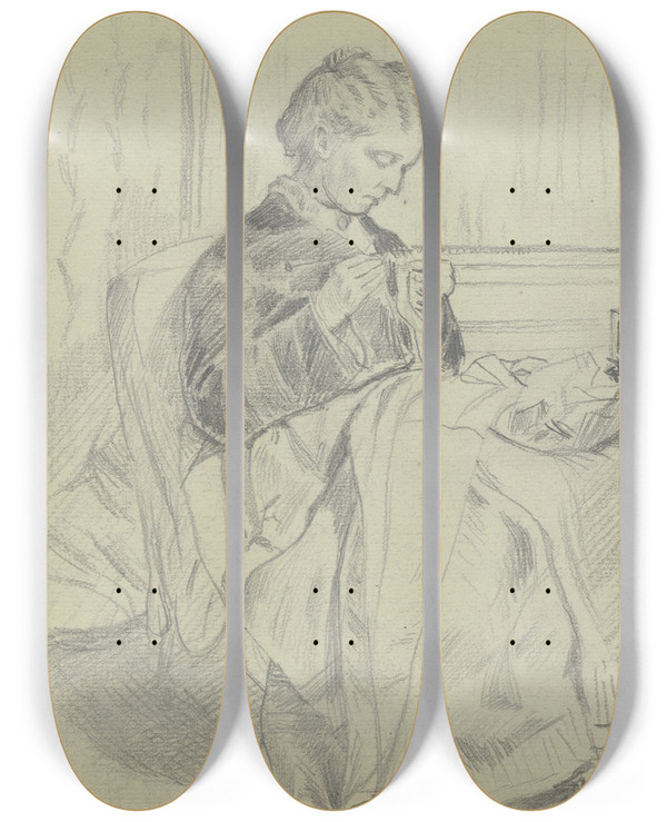 Triptych art skateboard deck of Otto Scholderer Luise Scholderer Am Nhtisch Mit Einer Handarbeit_2 by Otto Scholderer (1834-1902)