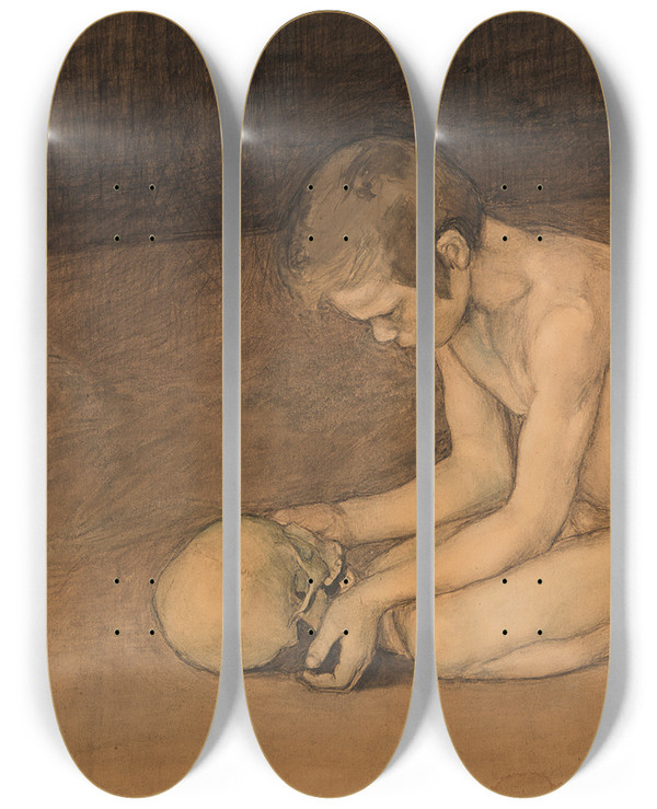 Triptych art skateboard deck of Magnus Enckell Boy With Skull by Magnus Enckell (1870-1925)