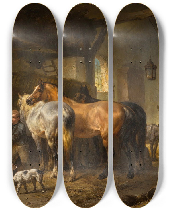 Triptych art skateboard deck of Wouterus Verschuur Horses In A Stable by Wouterus Verschuur (1812-1874)