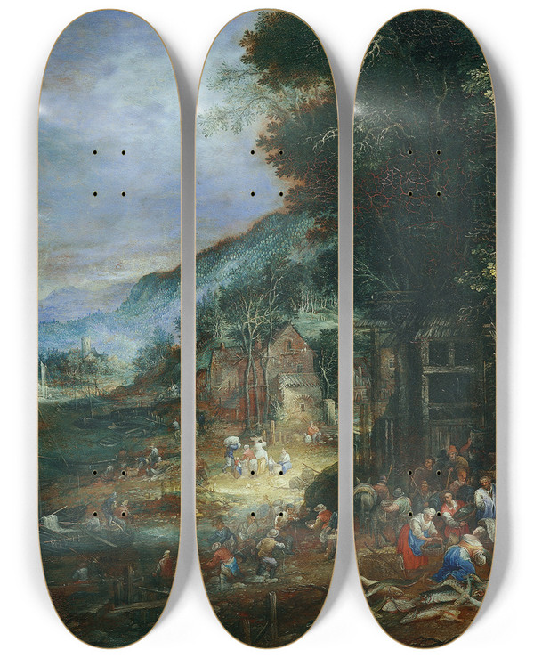 Triptych art skateboard deck of Johann Jakob Hartmann Das Wasser by Johann Jakob Hartmann (1680-1730)