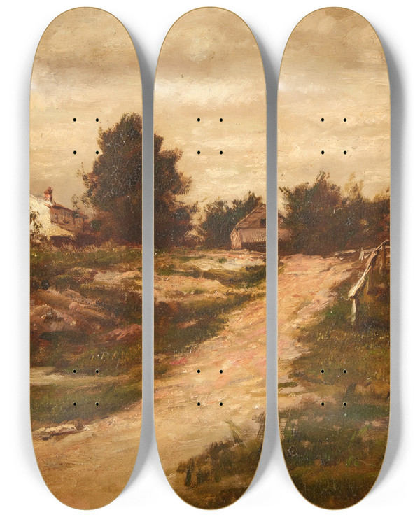 Triptych art skateboard deck of Charles Linford Farmhouse On A Hill by Charles Linford (1846-1897)