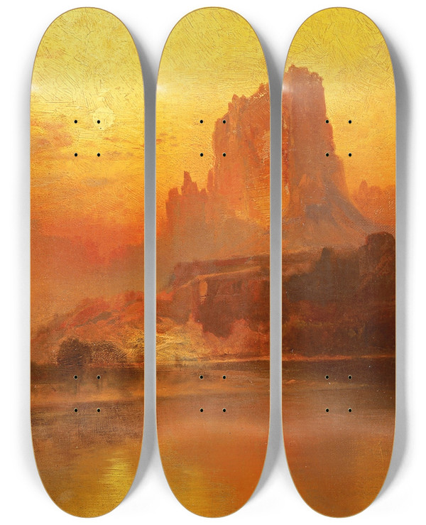 Triptych art skateboard deck of Thomas Moran The Golden Hour by Thomas Moran (1837-1926)