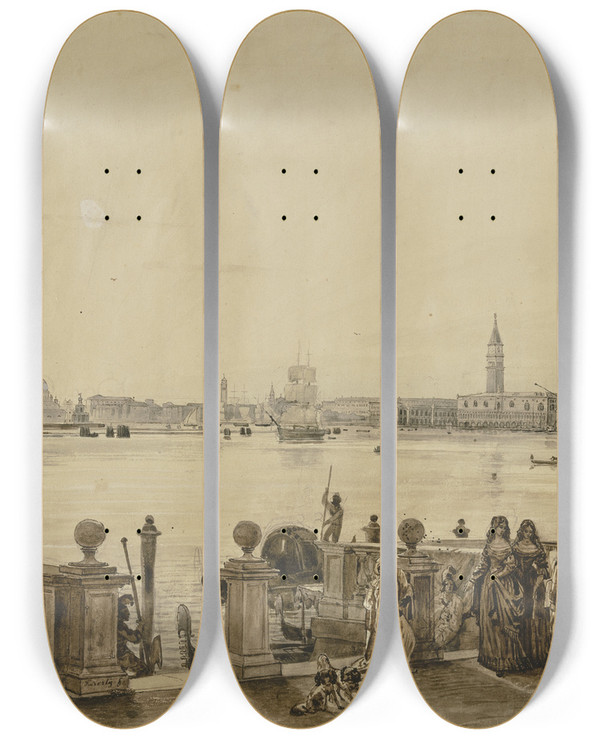 Triptych art skateboard deck of Friedrich Von Nerly View On Venice by Friedrich Von Nerly (1807-1878)